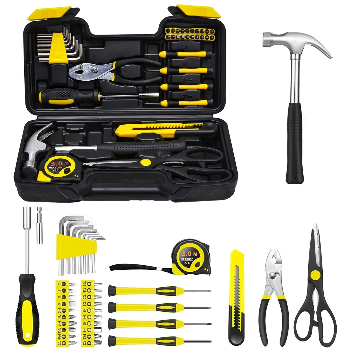 Yellow plastic toolbox containing 39-piece hand tool set