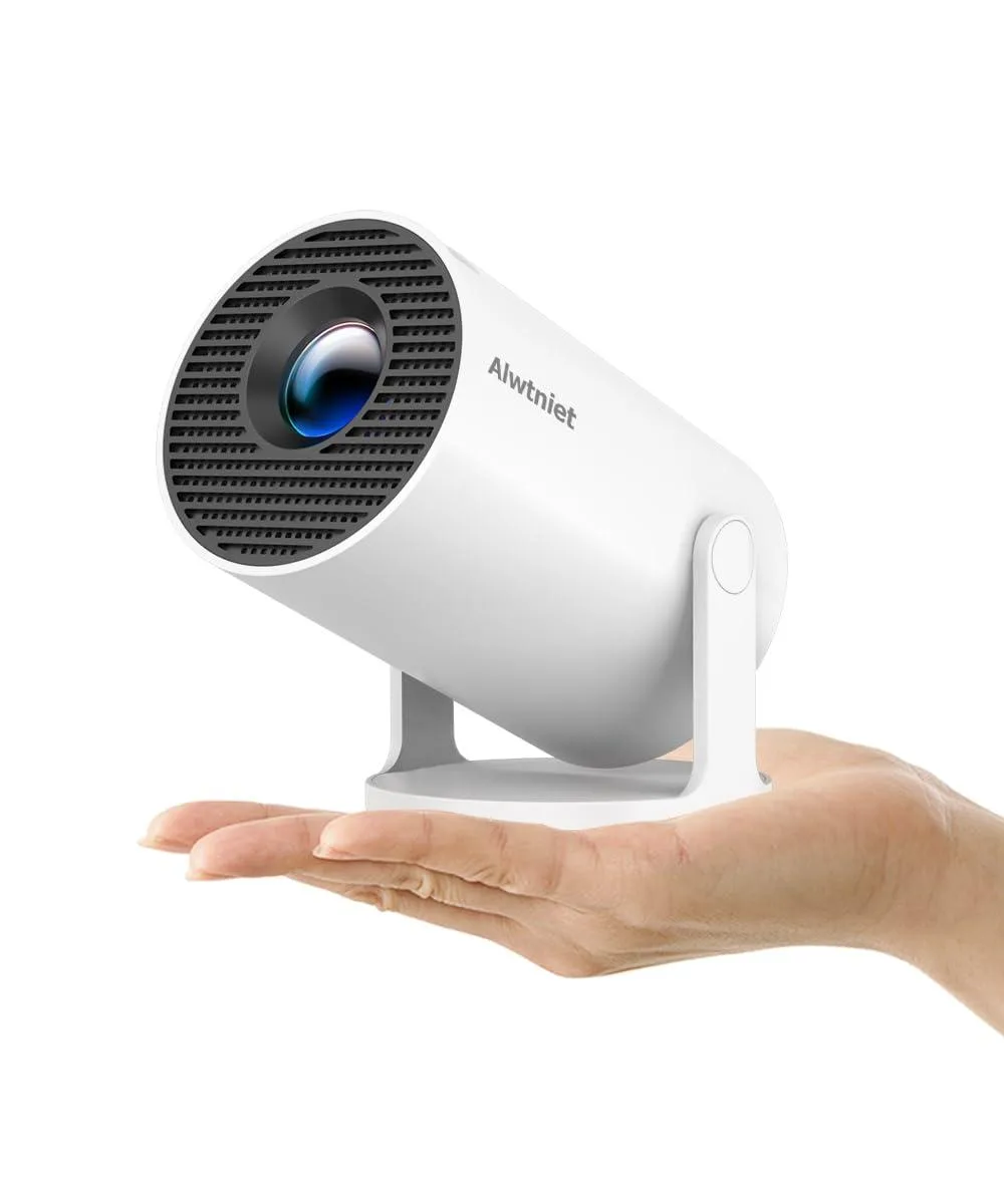 Compact white DLP projector with auto-focus lens and remote control