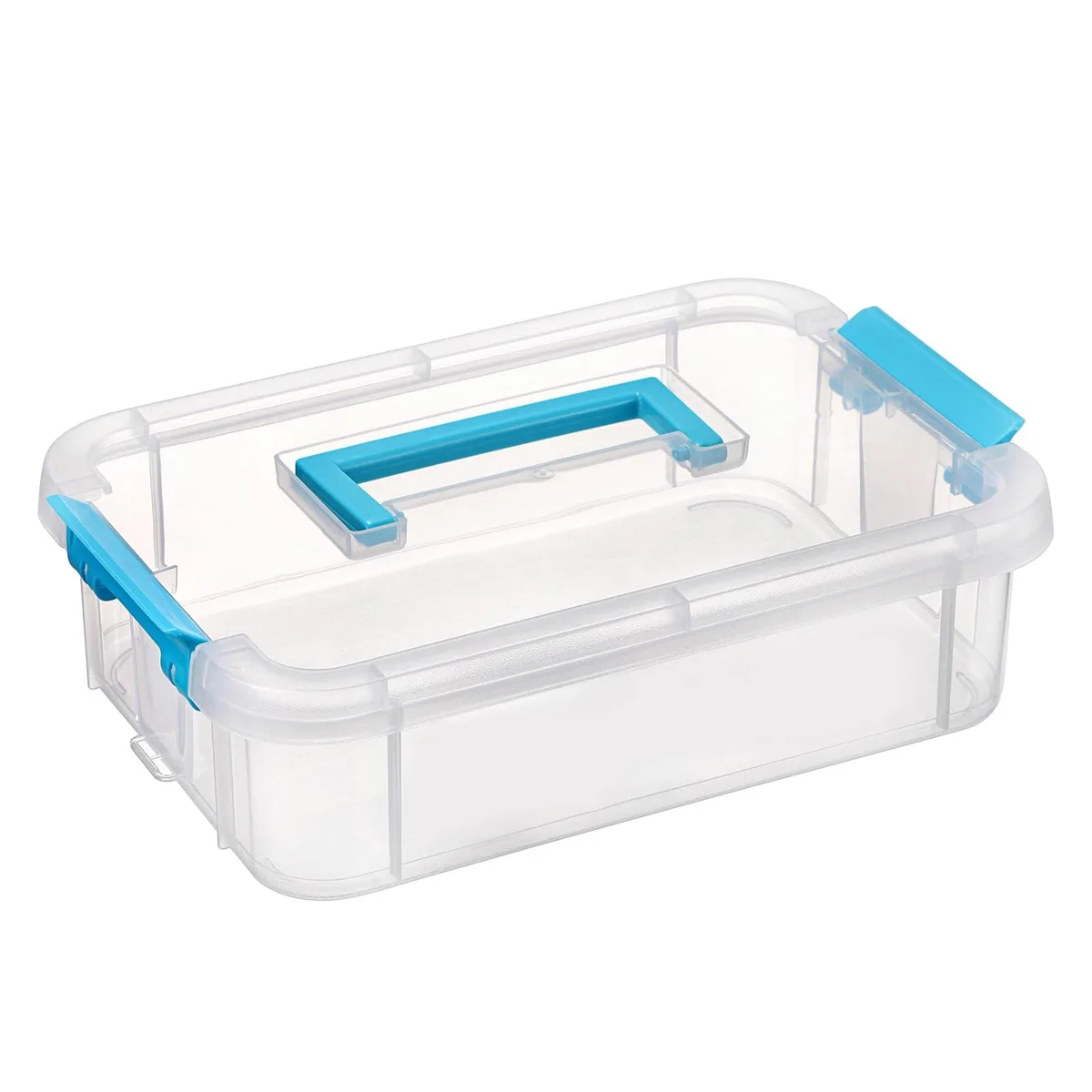 Clear plastic storage box with blue carry handle