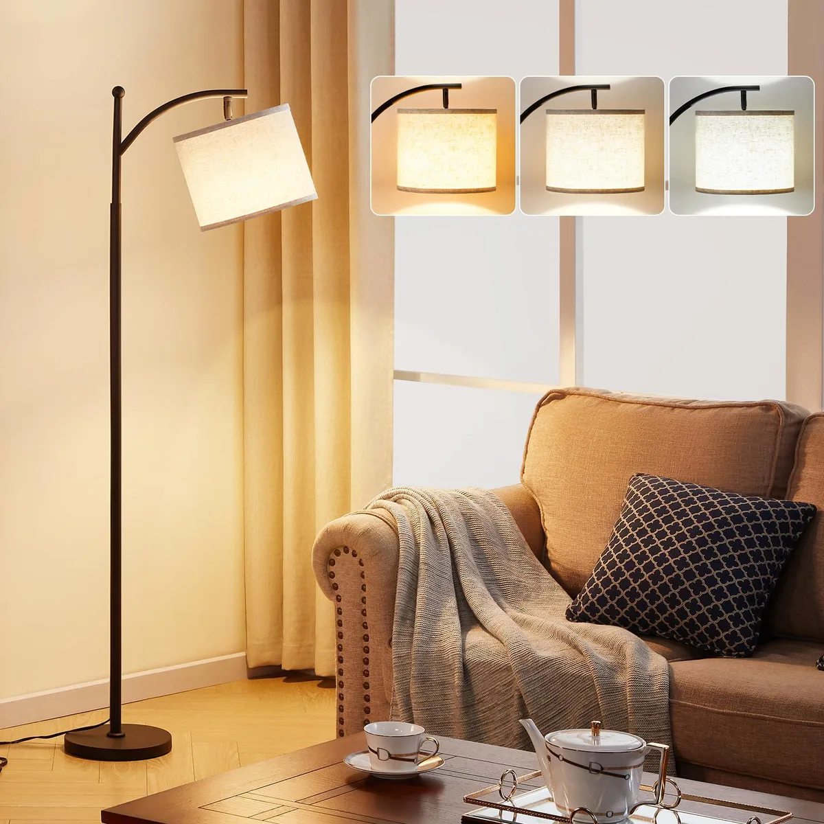 Beige linen shade on black matte arc floor lamp, 60 inches tall