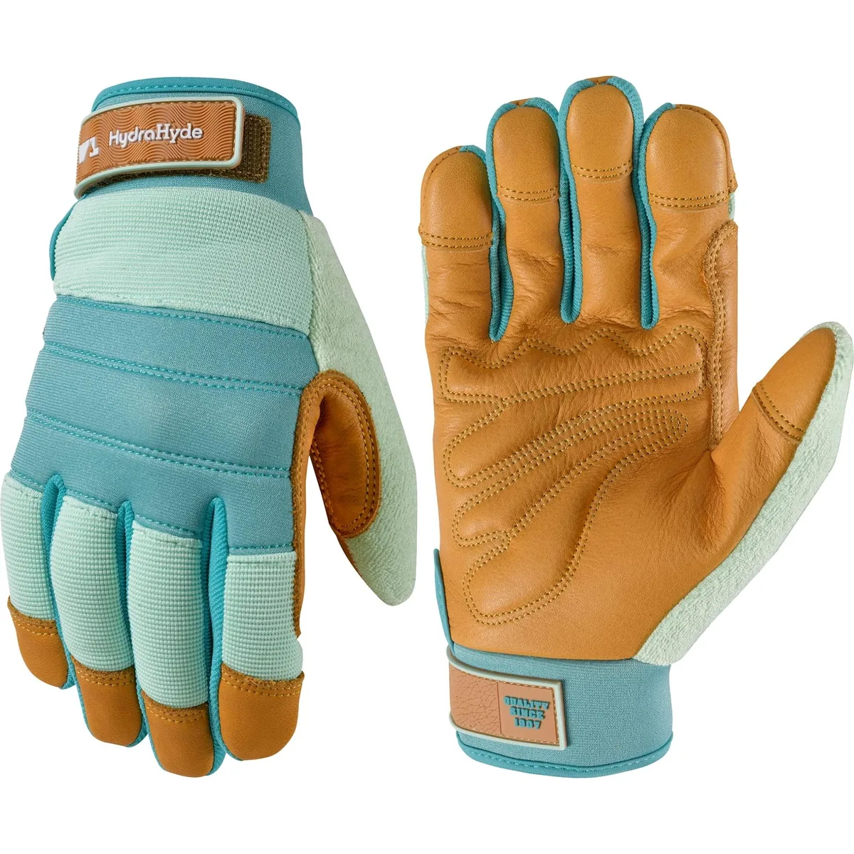  Wells Lamont 3250 HydraHyde Cowhide Hybrid Work Gloves, Turquoise/Tan, Medium — product photo