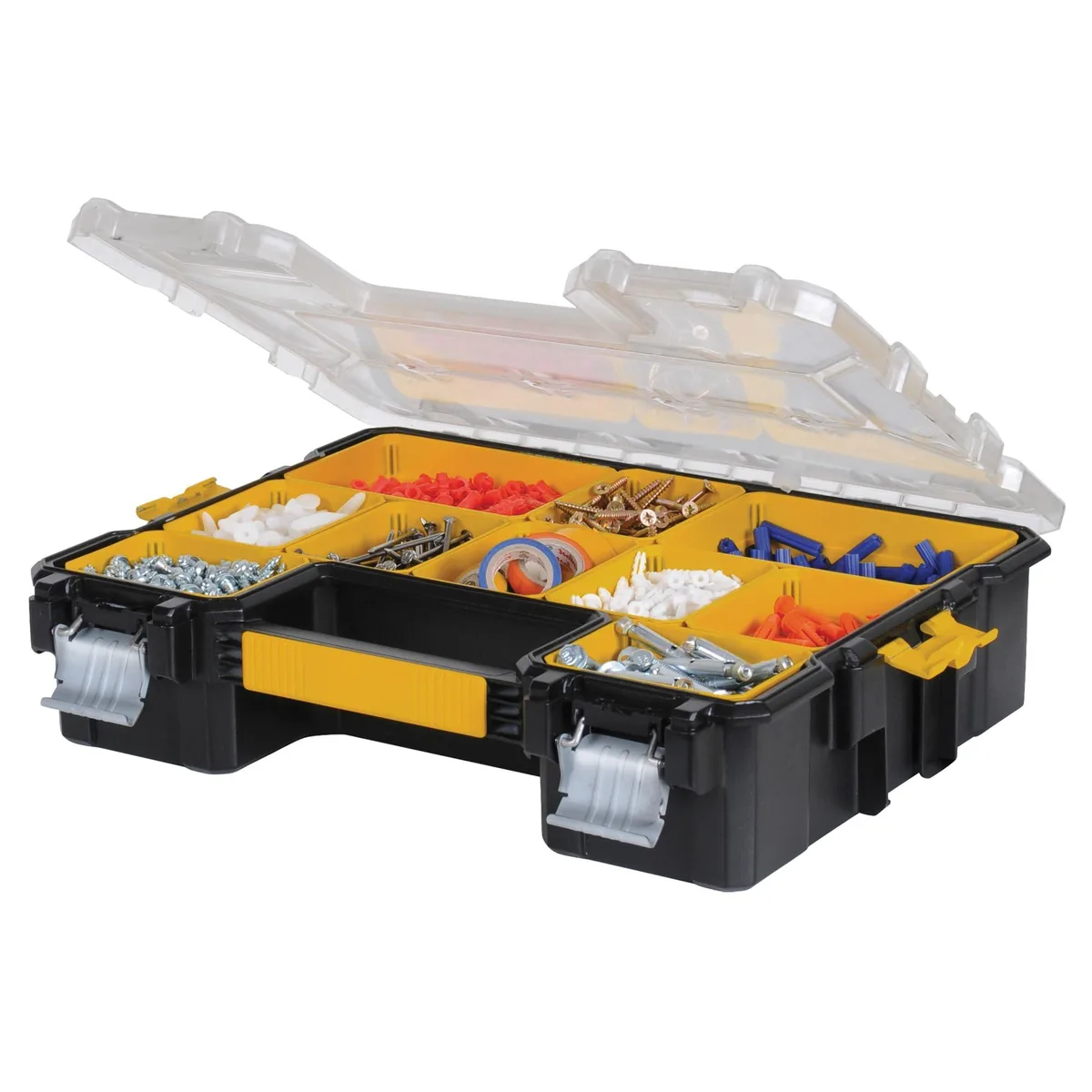 Yellow plastic tool organizer with ten compartments and metal latch