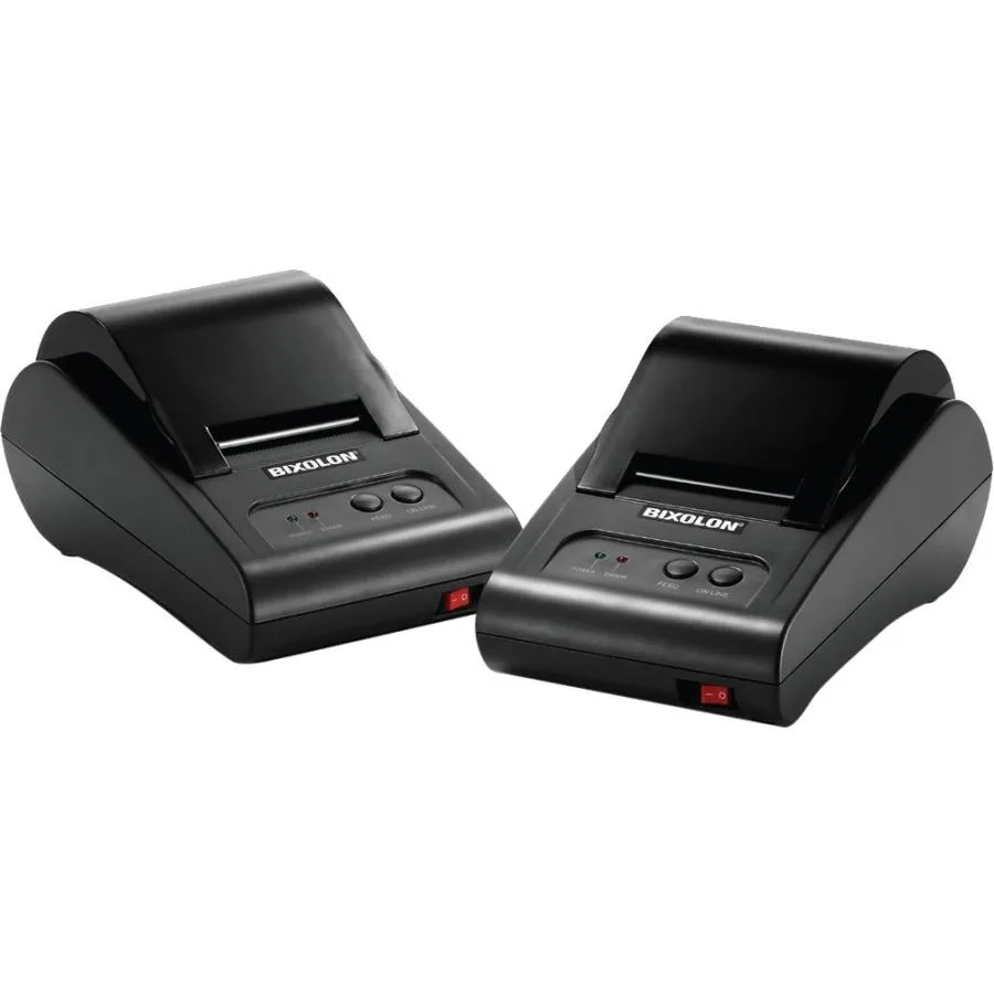 Black thermal receipt printer with parallel cable, compact 2-inch form factor