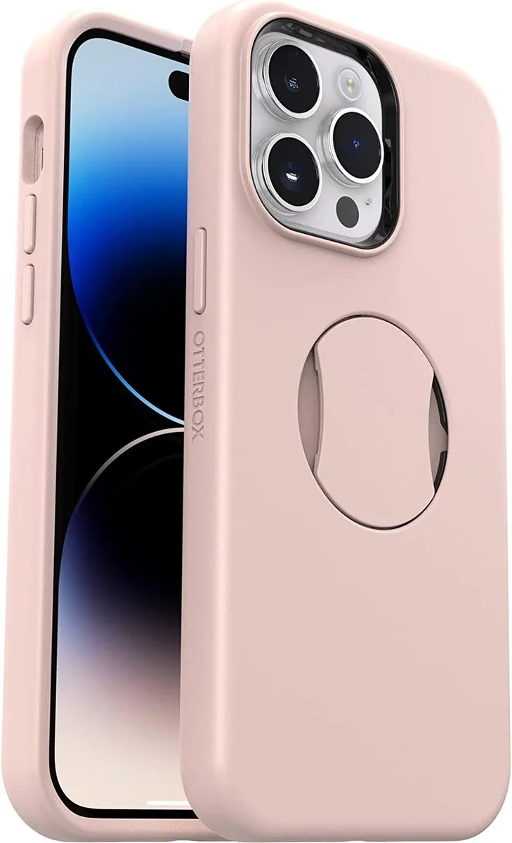 Pink OtterGrip Symmetry case for iPhone 14 Pro Max with built-in fold-flat grip