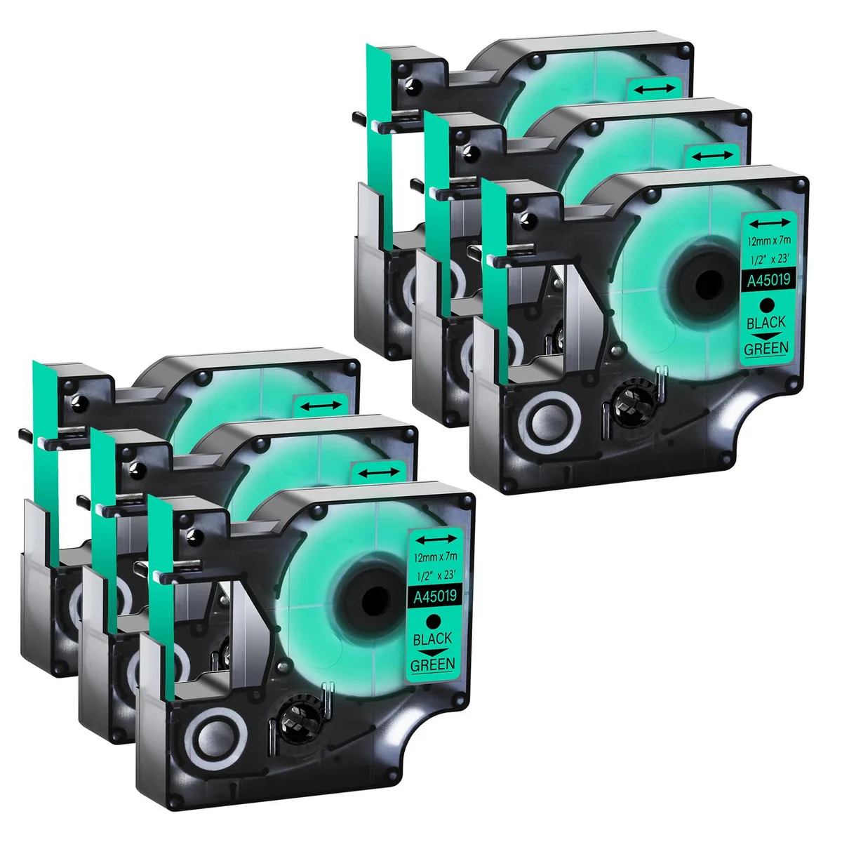 GREENCYCLE GREENCYCLE 6 Pack D1 Label Tape Black on Green 12mm 23ft — product photo
