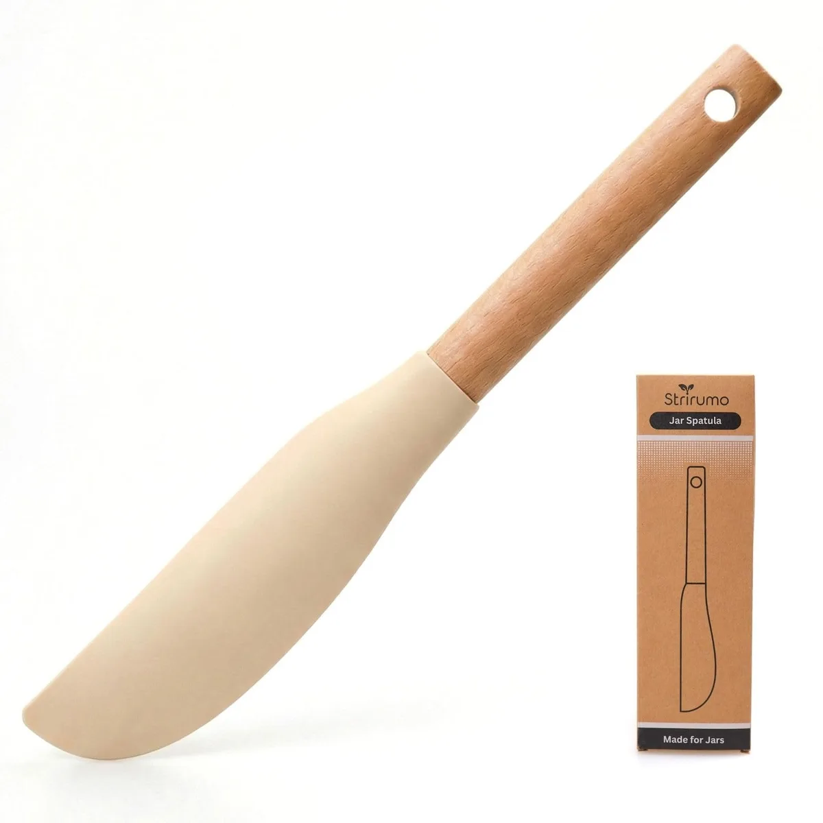 Cream silicone jar spatula with beechwood handle, 10.7 inches long, flexible rectangular head