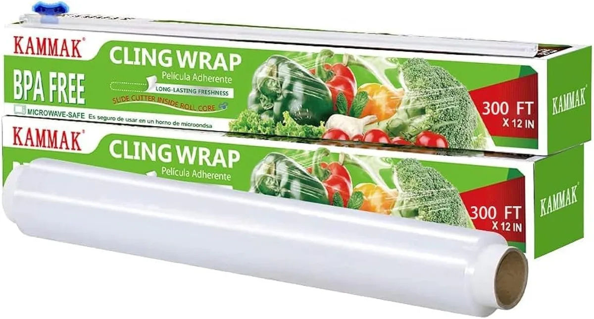 Two 12-inch clear plastic wrap rolls with slide cutter in cardboard boxes