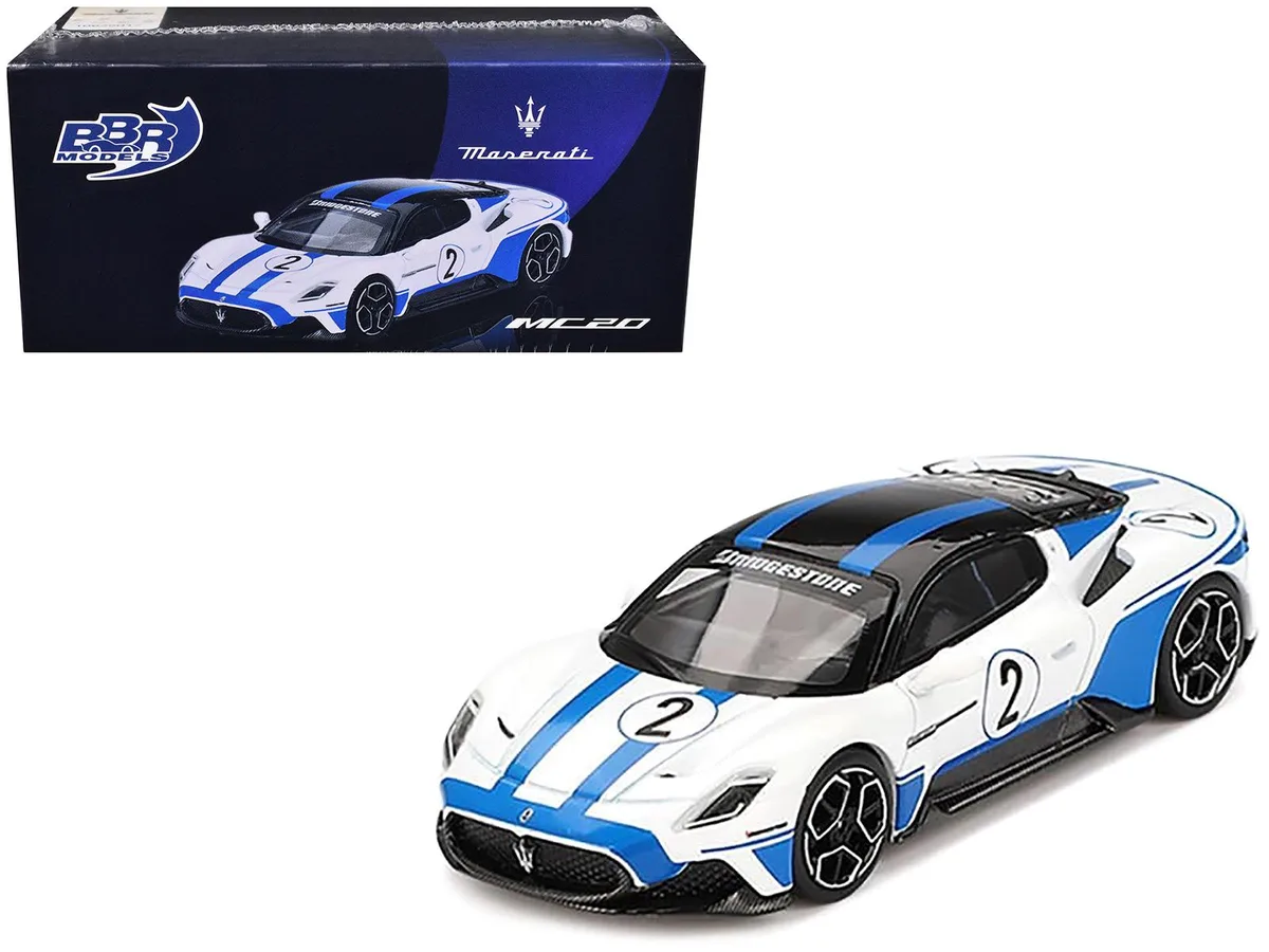 BBR BBR Maserati MC20 #2 White Blue Stripes Black Top 1/64 Diecast — product photo