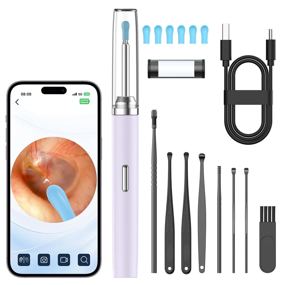 Purple ear camera with six silicone spoons