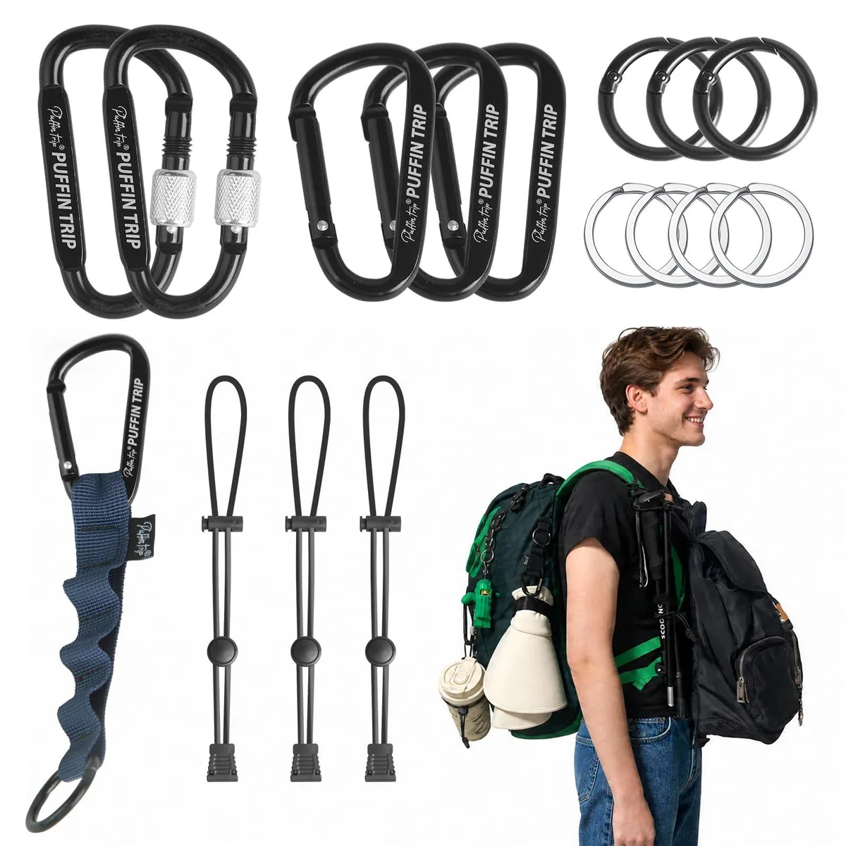 Black 16-piece carabiner set with locking D-clips O-rings key clips strap and elastic cords