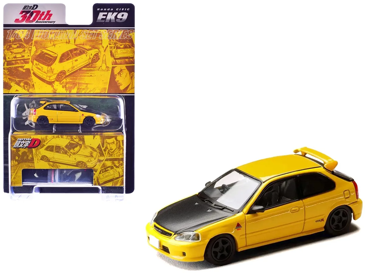HOBBY JAPAN HOBBY JAPAN Honda Civic EK9 RHD Yellow Carbon Hood Initial D Manga 1/64 Diecast Model Car — product photo