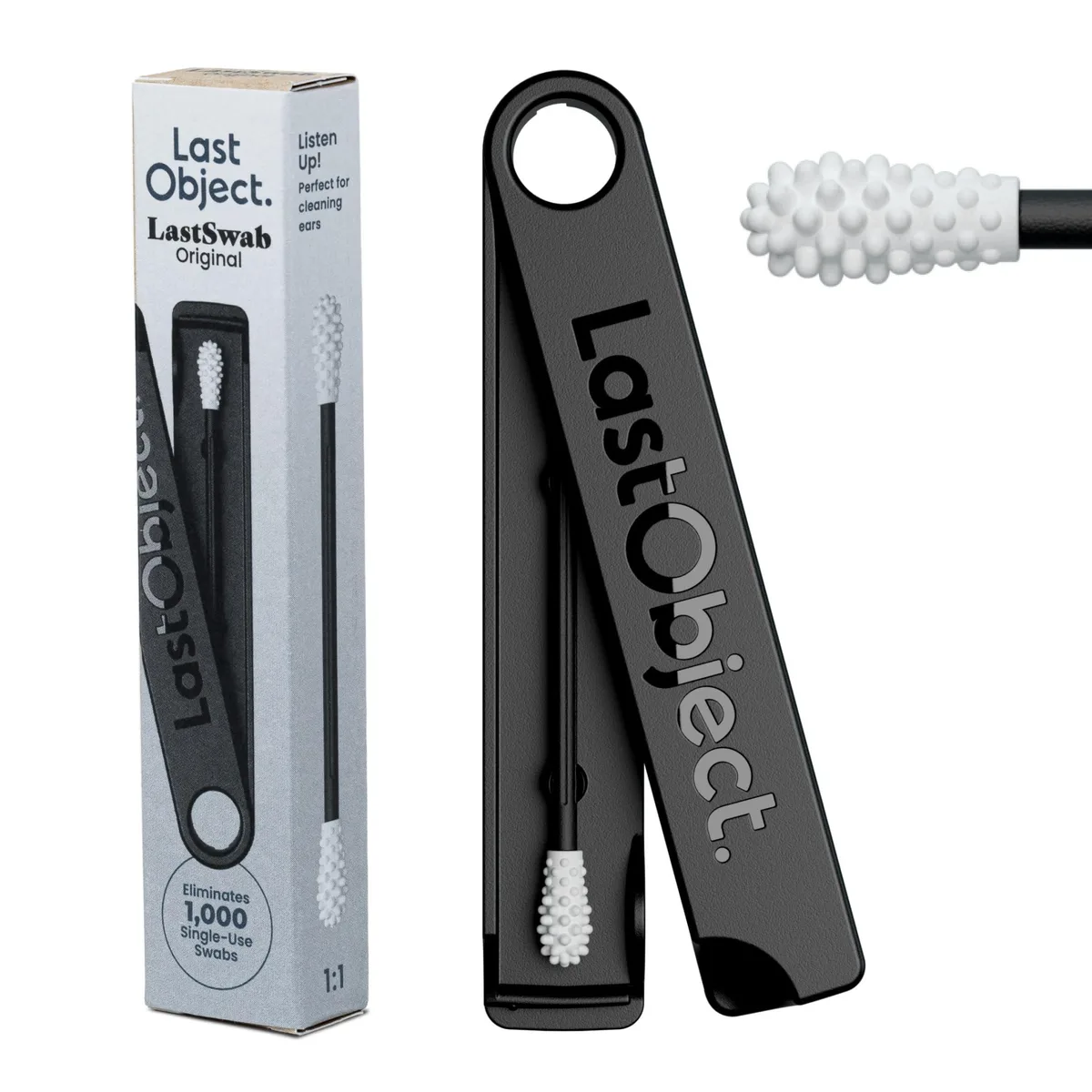Black reusable swab with silicone tips in matching travel case