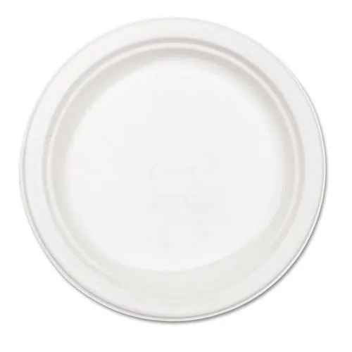 Stack of 125 white round paper plates 8.75 inch diameter