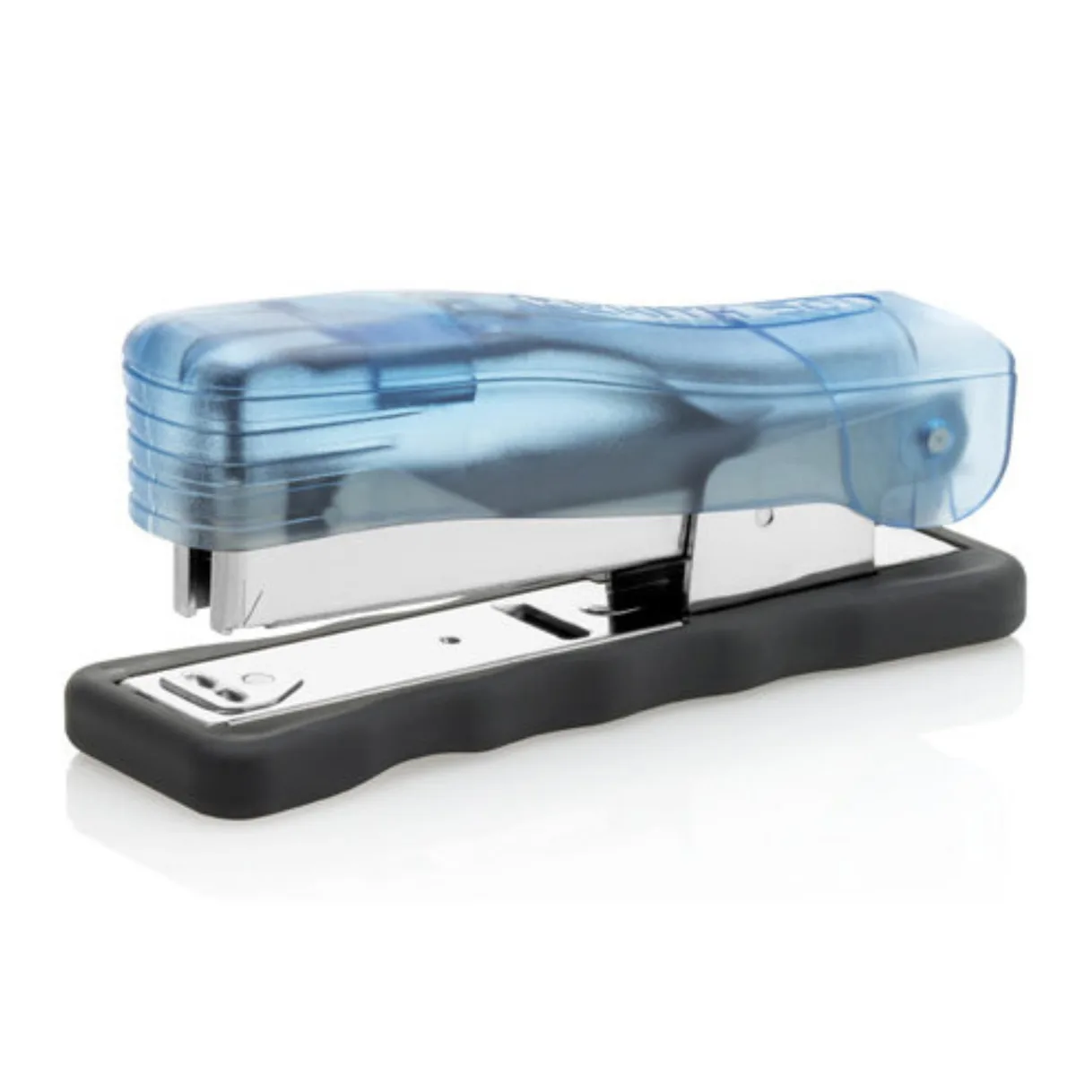 Transparent blue desktop stapler, 5.5 inch length, compact ergonomic shape