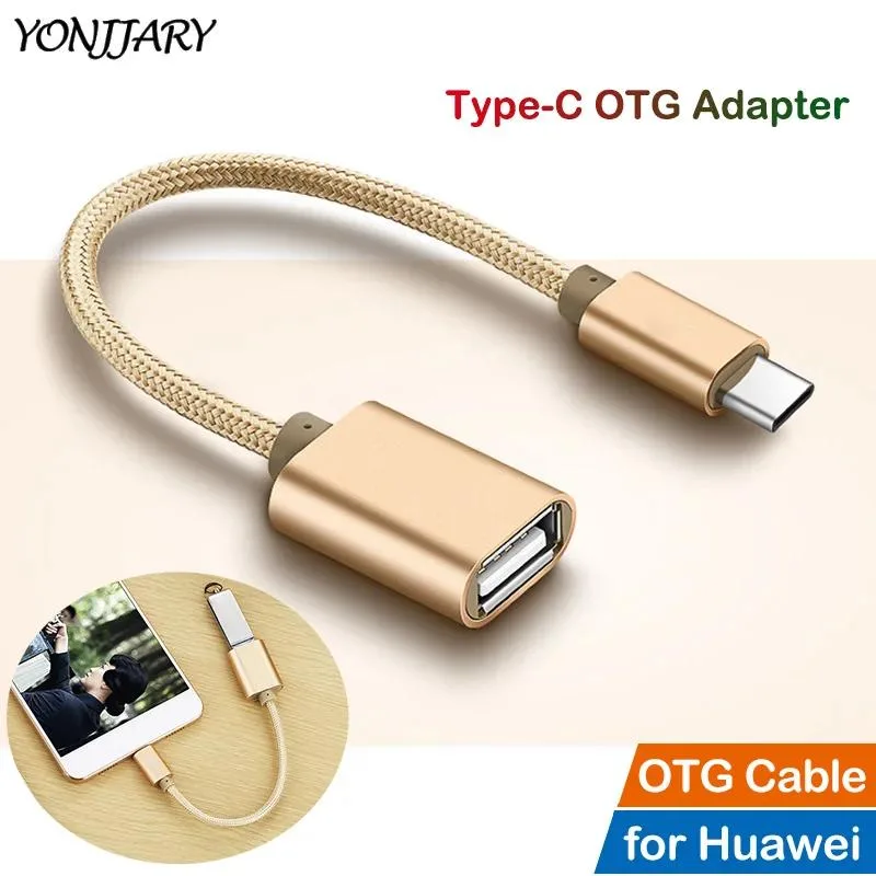 Short USB-C OTG adapter cable with braided nylon finish and metal connectors, 15cm long