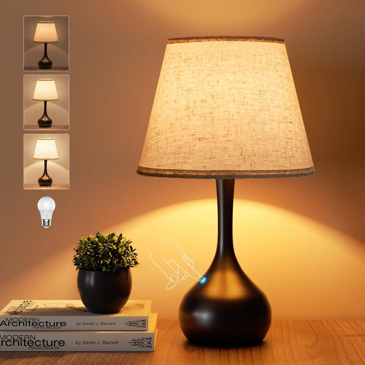 ONEWISH table lamp with black metal base and beige fabric shade, 17.32 inches tall