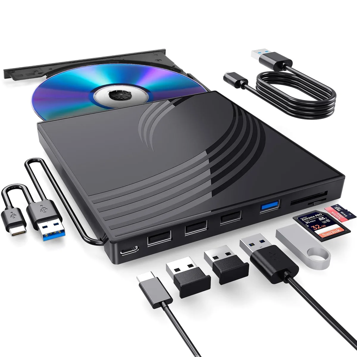 KEHIPI KEHIPI External CD/DVD Duplicator 8x DVD 24x CD USB 3.0 Hub 4 USB-A 1 Type-C 2 TF/SD Black — product photo