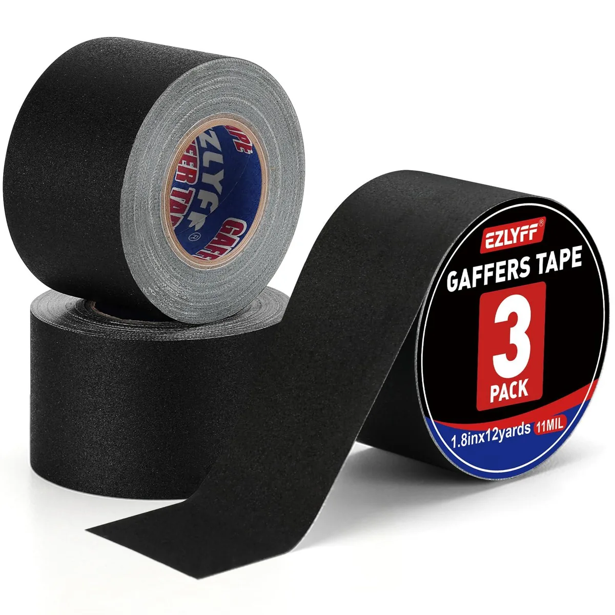 Three rolls of matte black gaffer tape 1.8in wide 12yd each