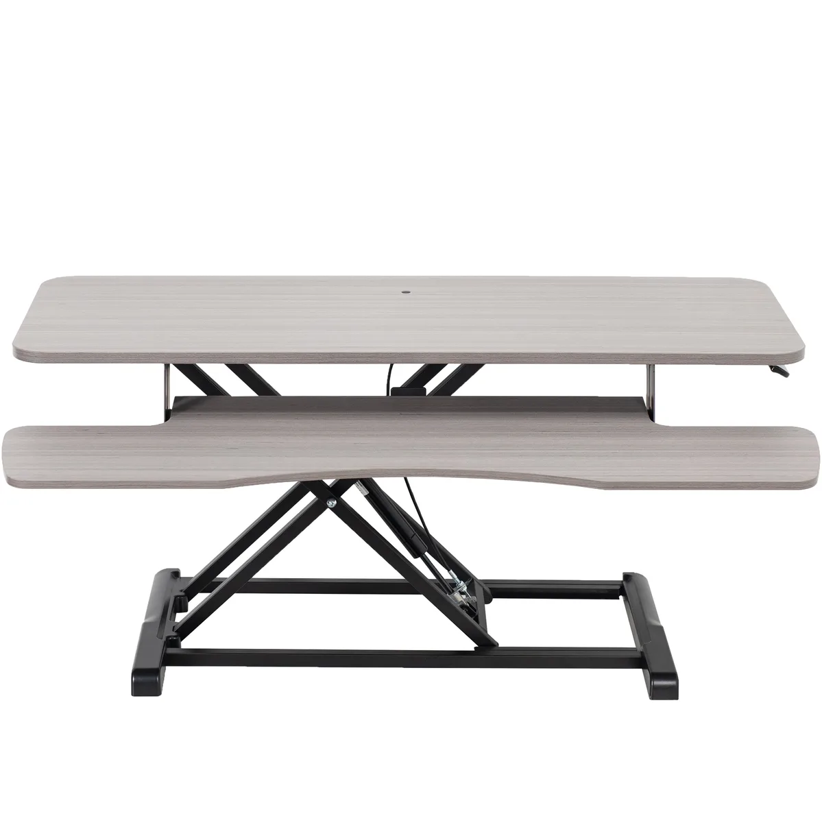 Gray desktop on black steel frame, dual tier, 42 inch wide, pneumatic lift handle visible