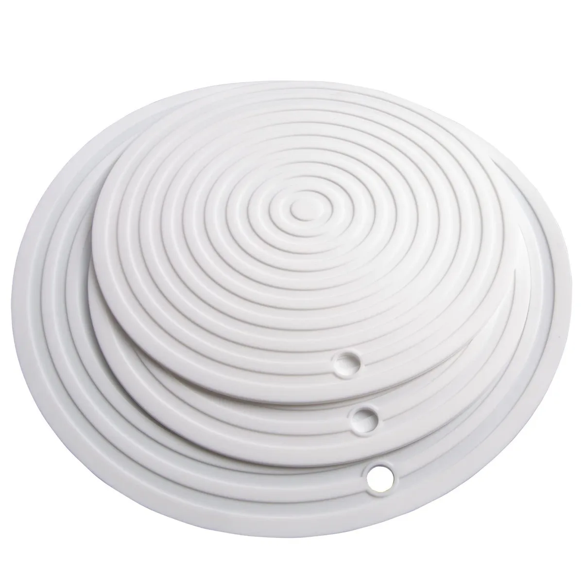 Three white silicone round mats, one 11.81 inches and two 9.45 inches, textured non-slip surface