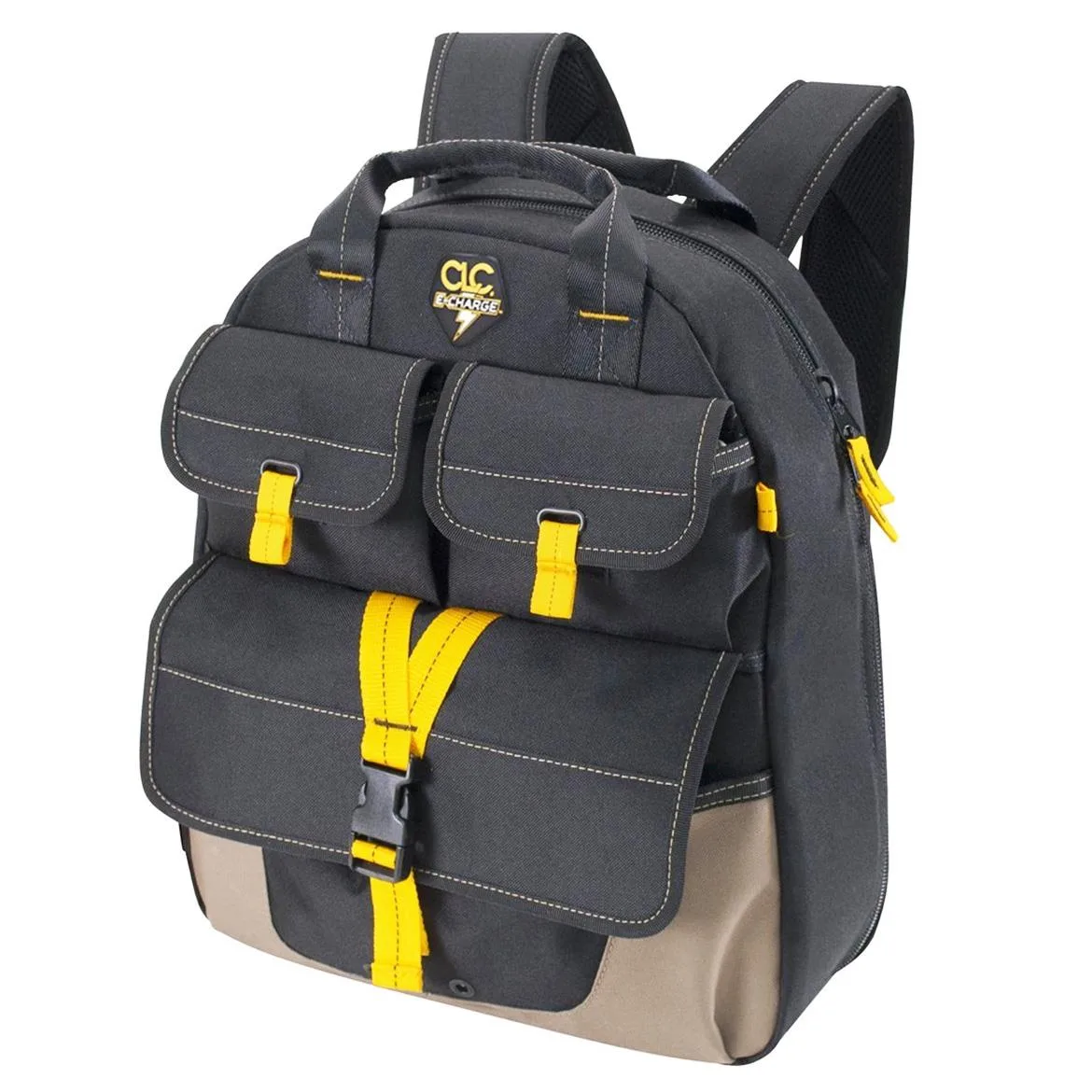 Black polyester tool backpack with USB charging port and 23 pockets