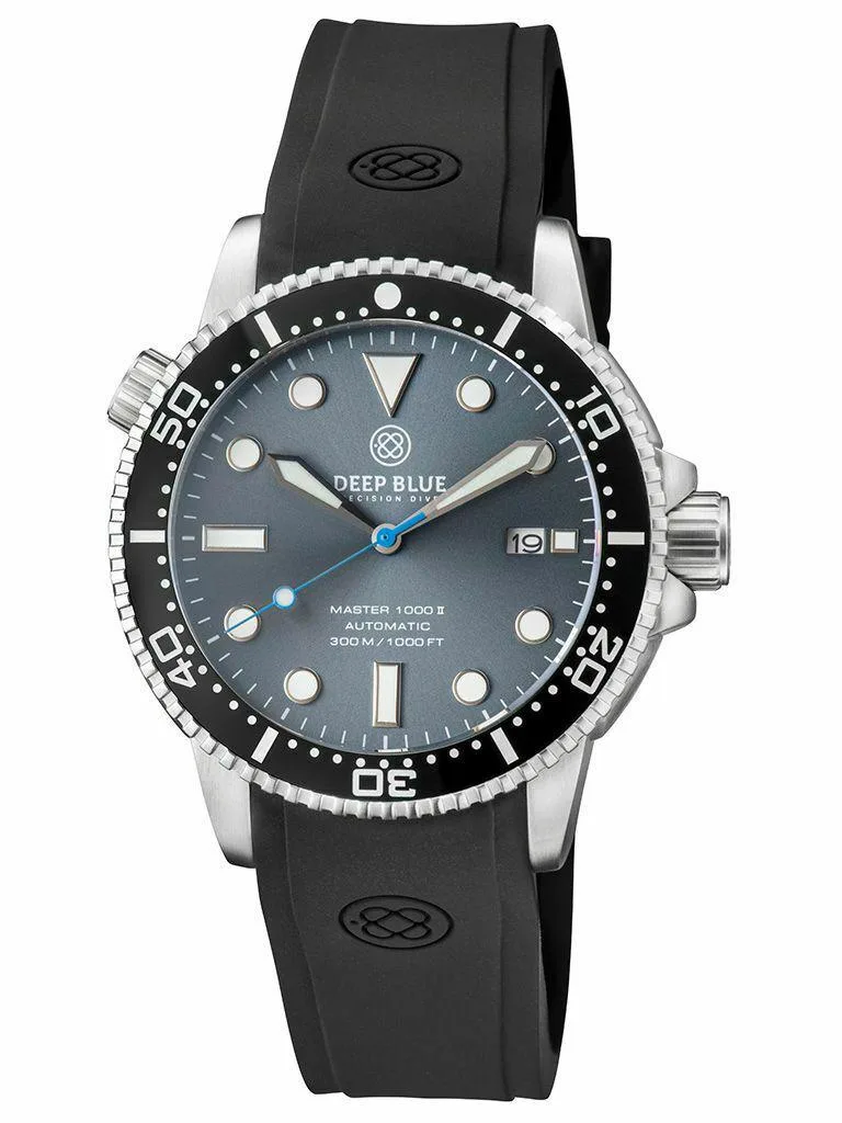 Silver stainless steel round 44mm case with slate grey blue sunray dial black ceramic unidirectional bezel black silicone strap
