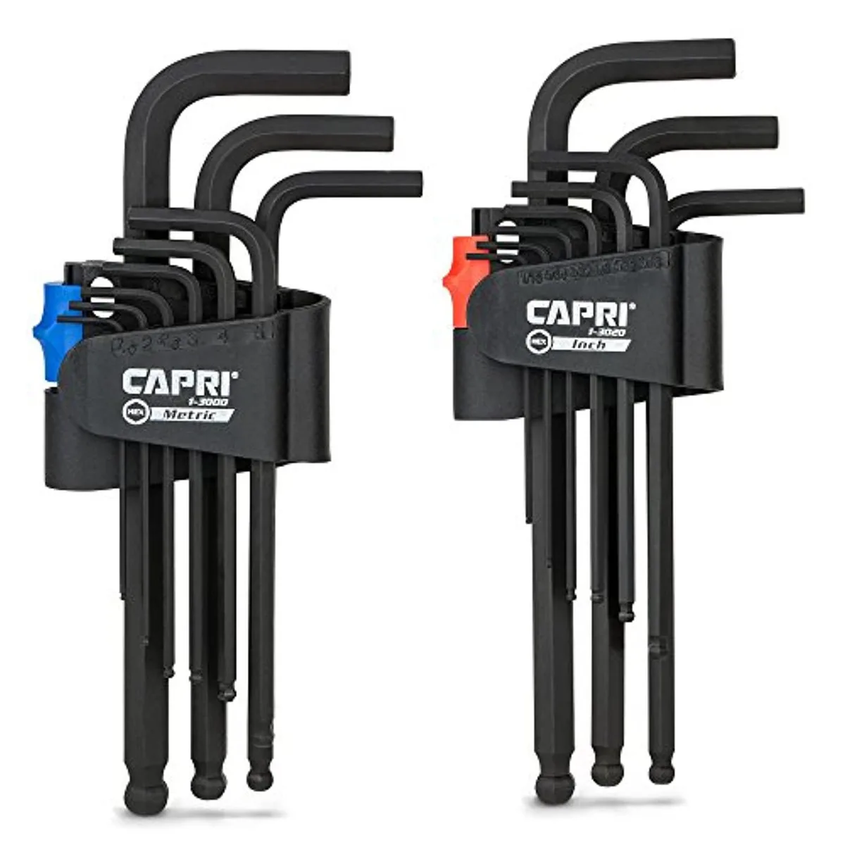 Capri Tools hex key set in black folding case, long arm ballpoint metric and SAE wrenches