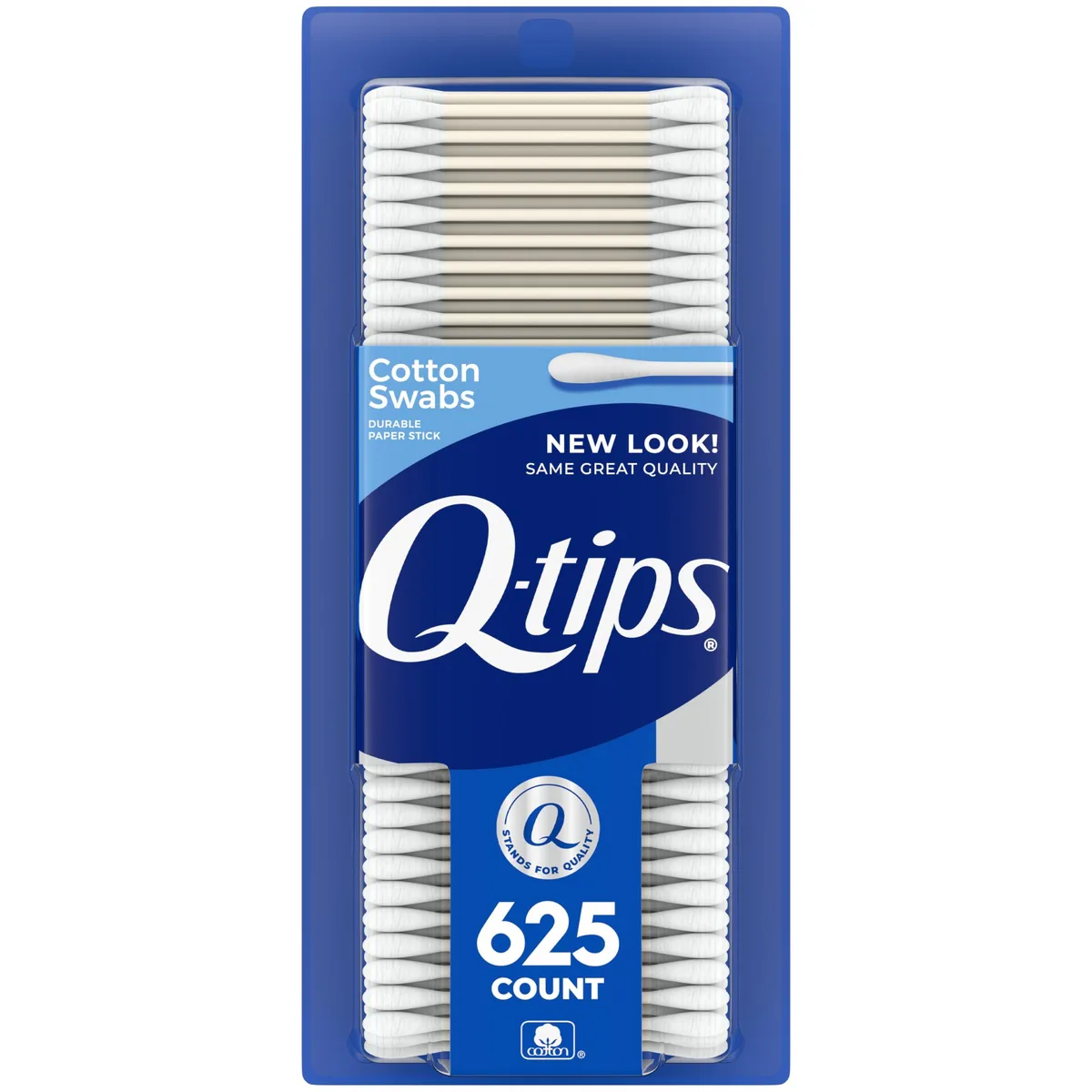 White cotton swabs in rectangular cardboard box, 625 count