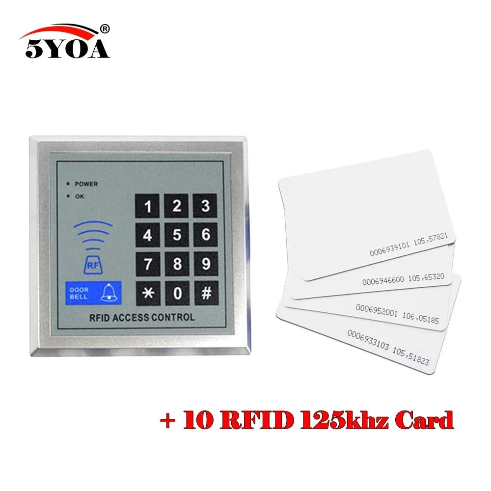 Square metal door lock unit with keypad and card reader, includes ten RFID cards