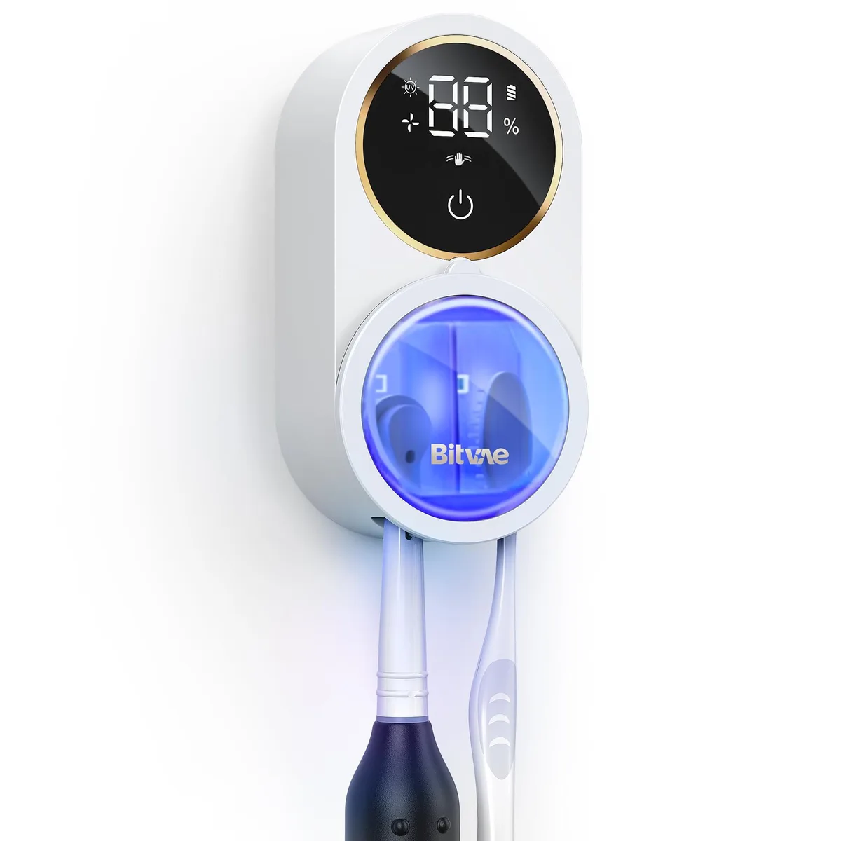 White wall-mounted toothbrush holder with infrared sensor, LED display and dual UV cleaning chambers