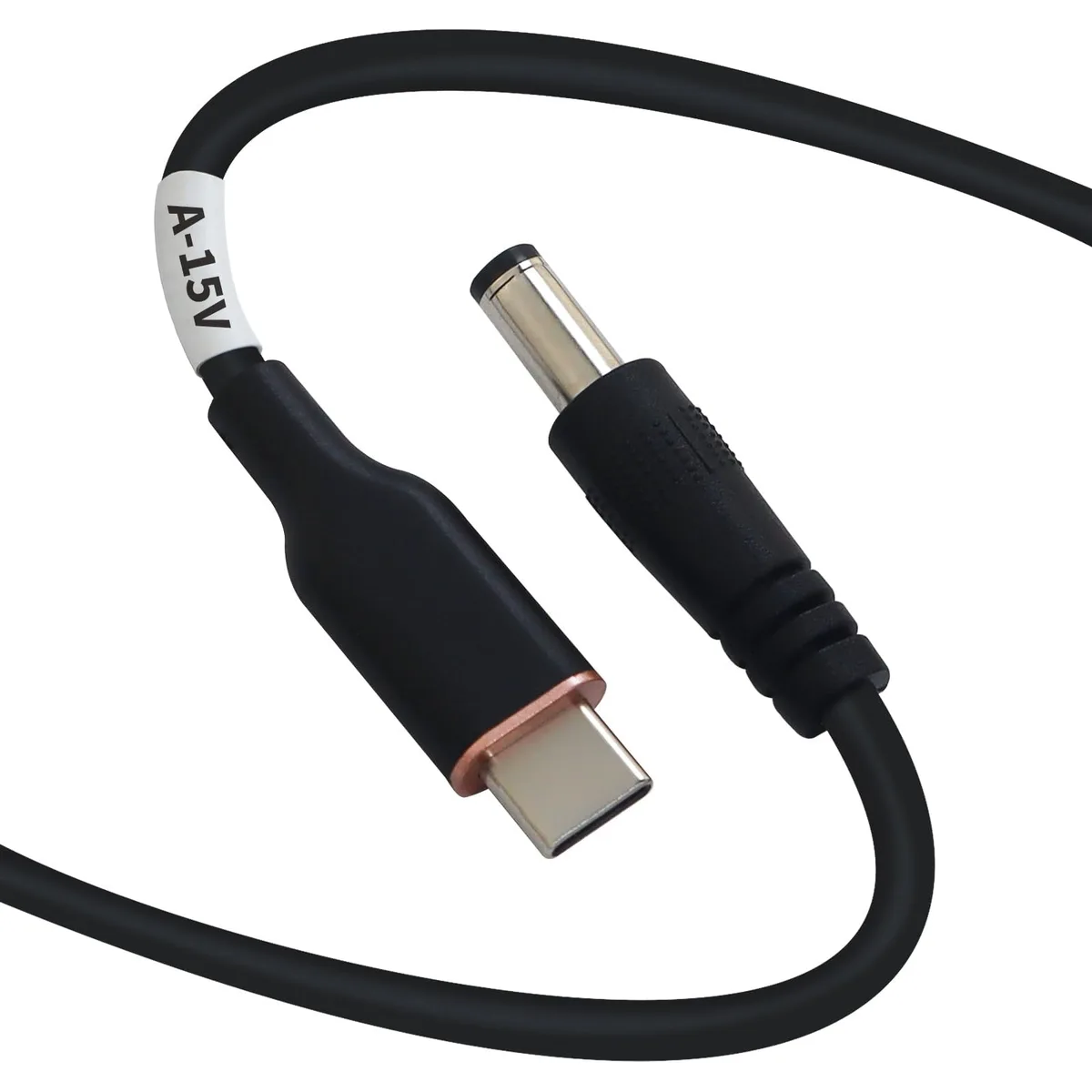 Black USB-C male to 5.5mm DC male cable, iron construction