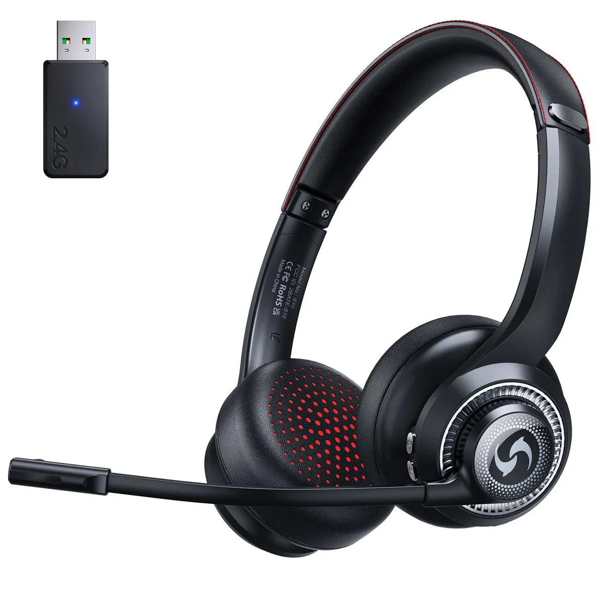 Black on-ear wireless headphones with adjustable headband and boom microphone