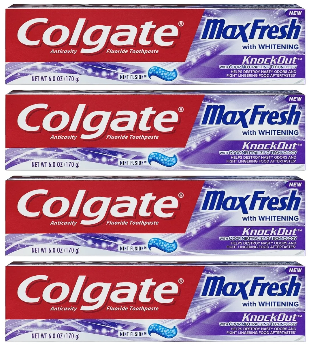 Four white 170 g toothpaste tubes with red caps and silver bands