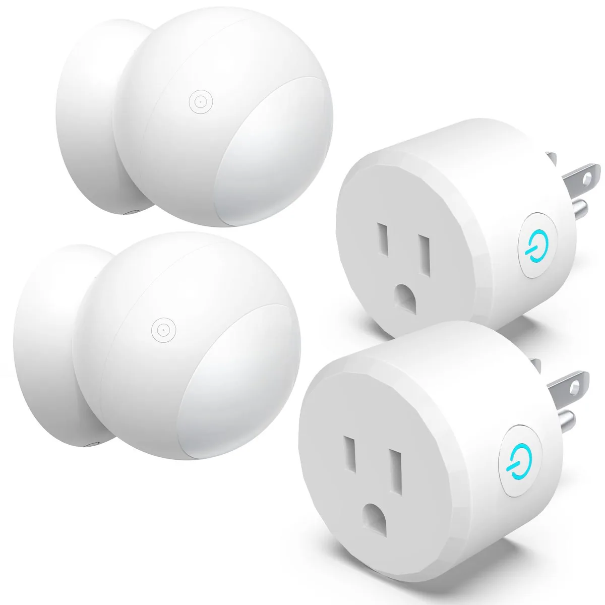 Two white cube-shaped motion sensor outlets with wall-mount design