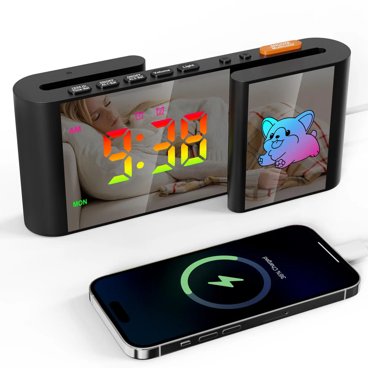 GIOFIMOK GIOFIMOK S-shaped Digital Alarm Clock, Dual Mirrored Display, Black-dog — product photo