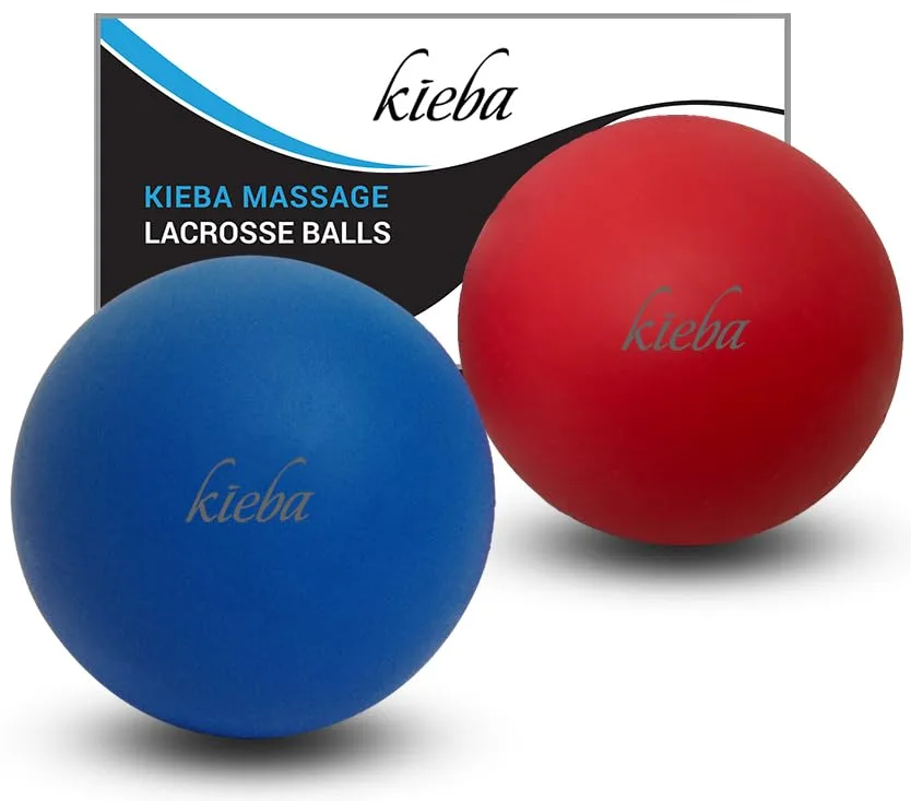 Two 2.5-inch solid rubber massage balls, blue and red, 5.1 ounces each