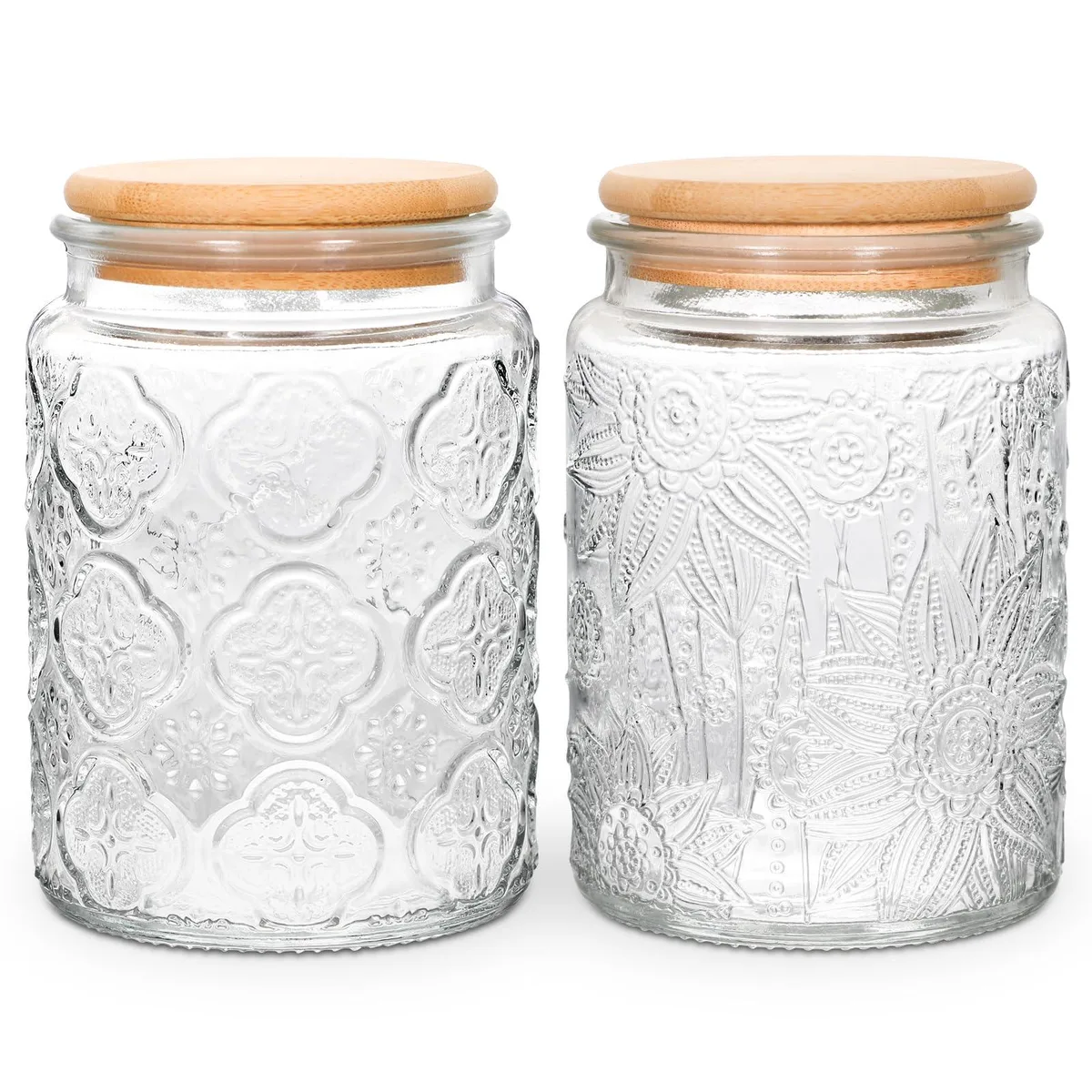 Two clear glass vintage jars with bamboo lids, 24oz each