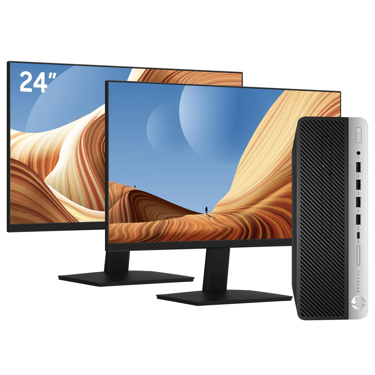HP HP G4 SFF desktop PC i7-8700 16GB 512GB NVMe + 500GB HDD dual 24-inch FHD monitors — product photo