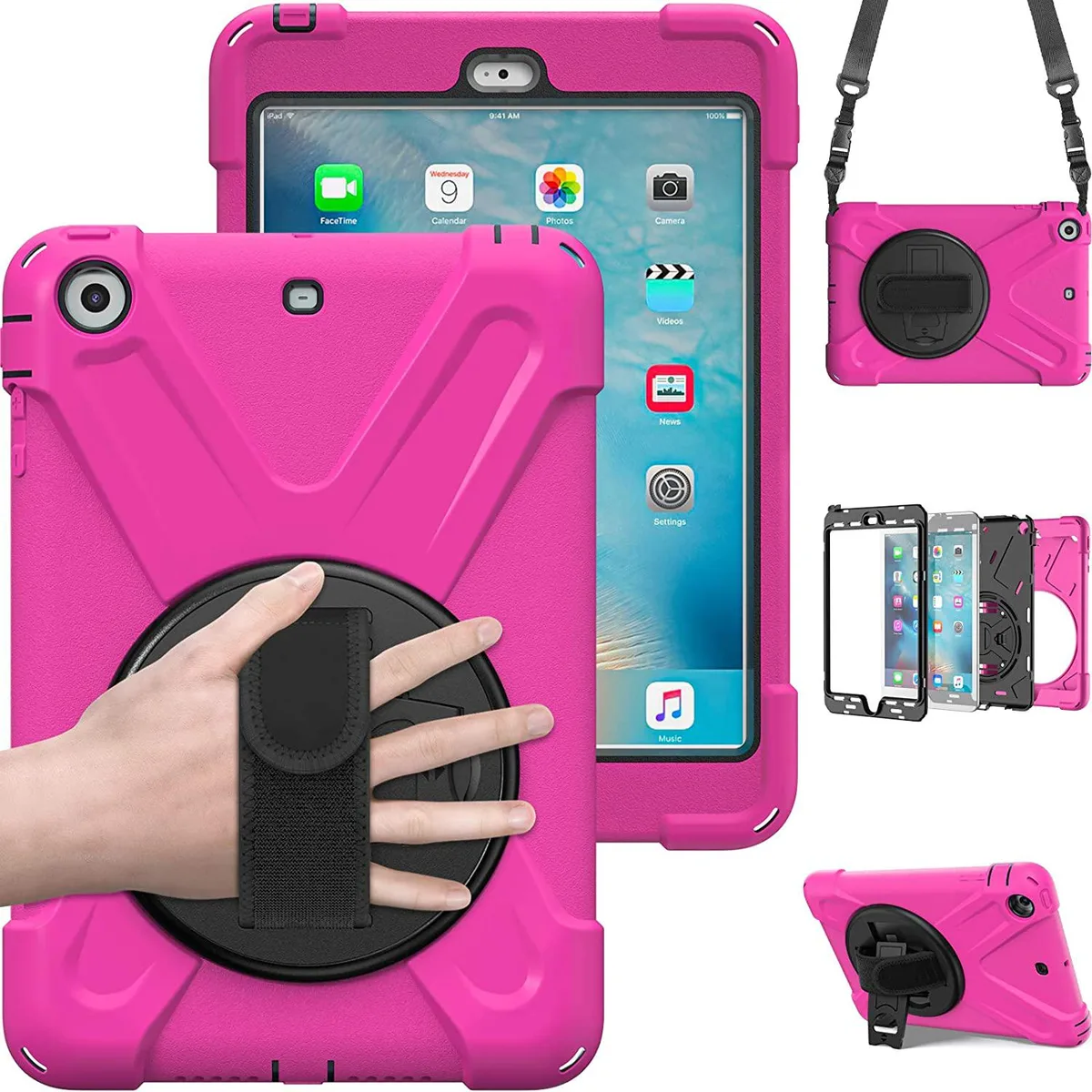 Werleo Werleo A1599 iPad Mini 1/2/3 cover case rose red 360° stand hand shoulder strap — product photo