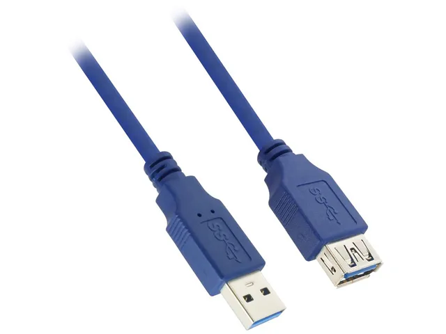 Blue USB 3.0 extension cable with Type A male and female connectors, 6 ft length