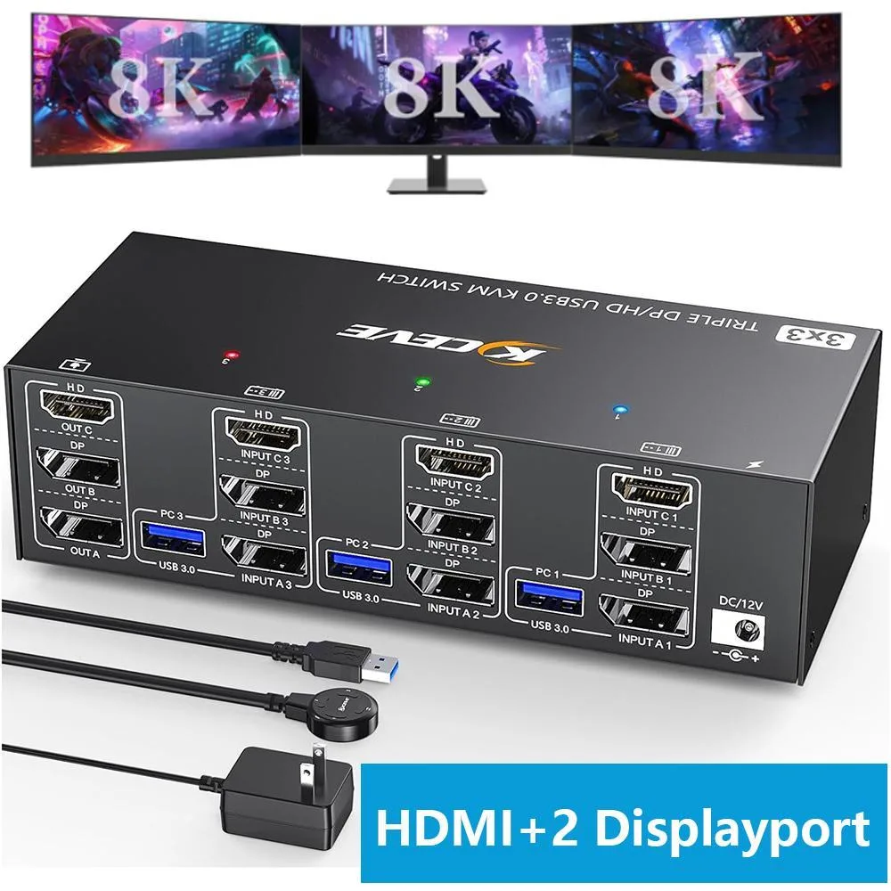 WRIARICH WRIARICH Triple Monitor KVM Switch 3 PC 3 Mon HDMI 2DP 8K60 4 USB 3.0 — product photo
