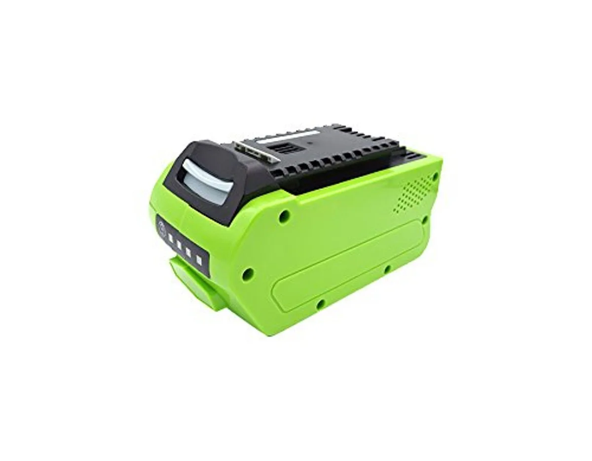 Rectangular black lithium-ion power-tool battery with green label, slide-on contacts