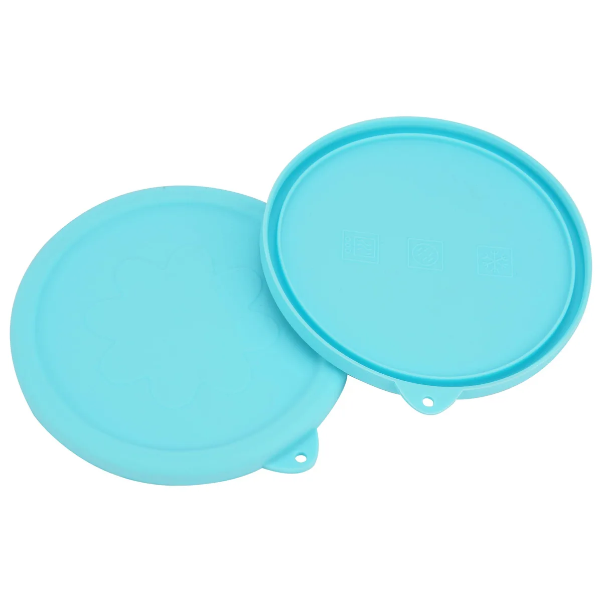 Two round blue silicone lids shown side by side