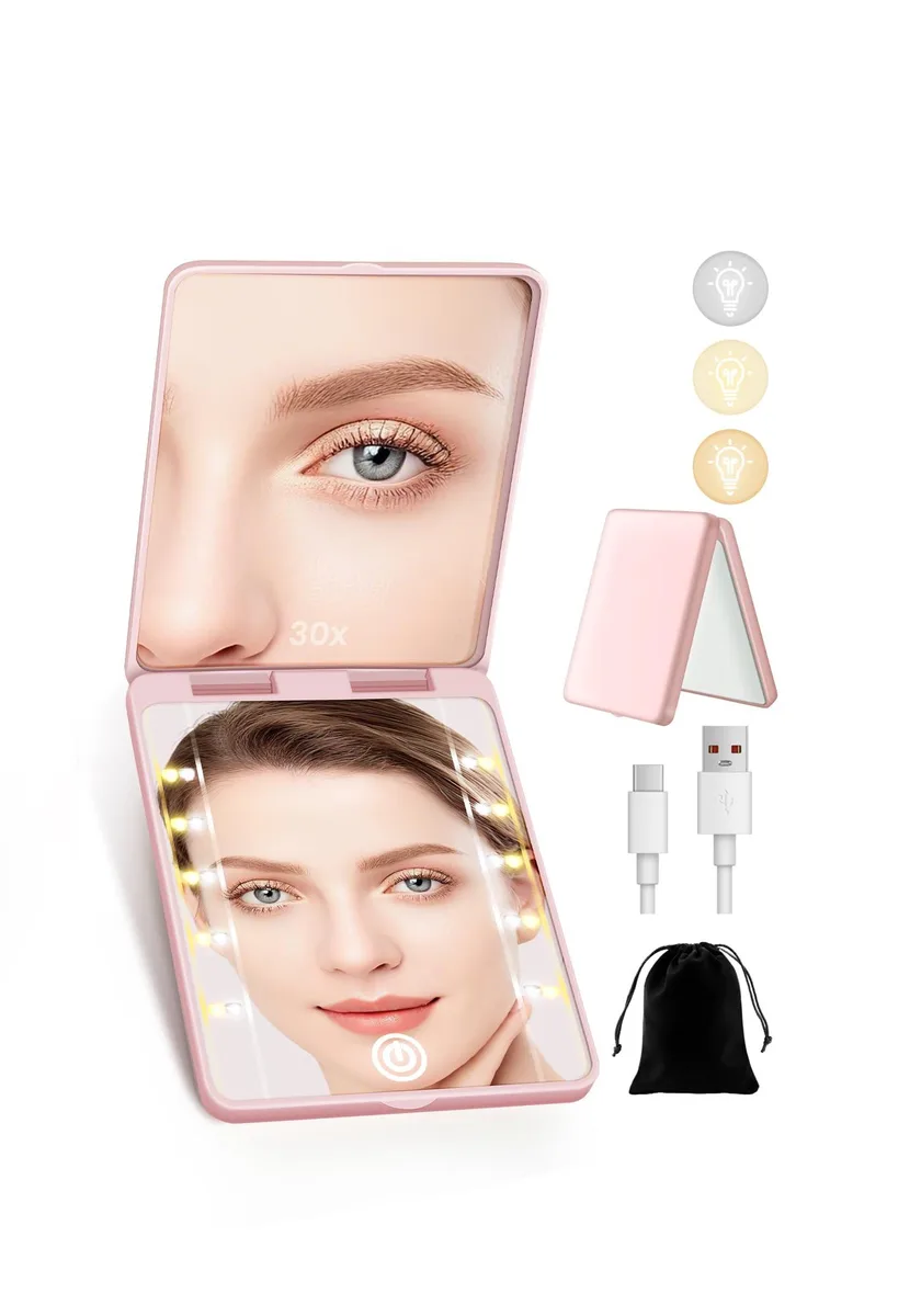 SisKokoro Compact Mirror 30X Magnifying Pink 4.5"L x 3.9"W — product photo