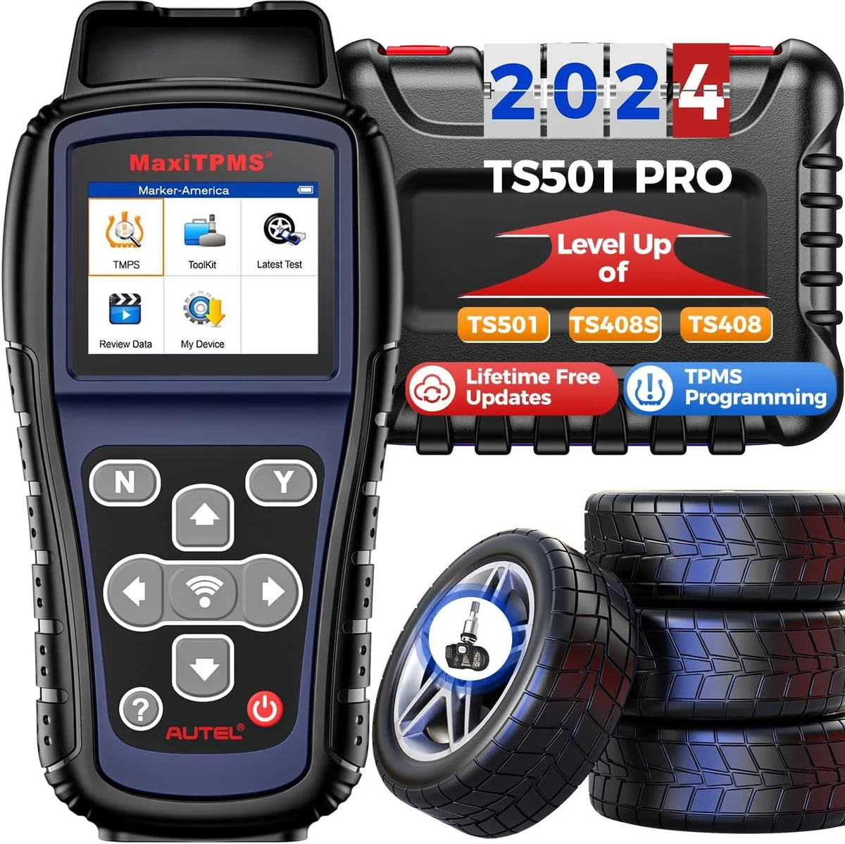 Handheld TPMS programming tool in black plastic with colour screen and keypad
