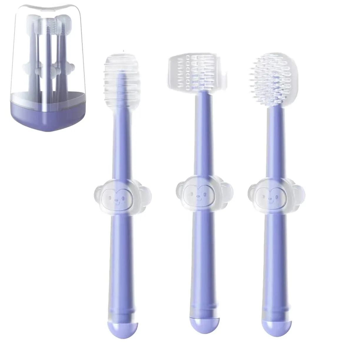 Three purple silicone baby toothbrushes with travel case
