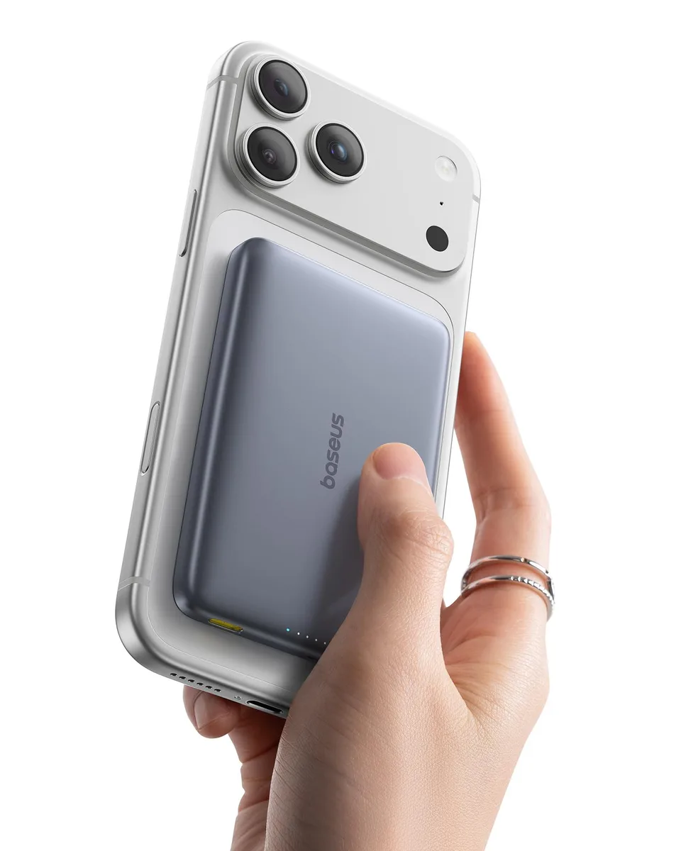 Slim space-grey power bank with rounded edges and USB-C port