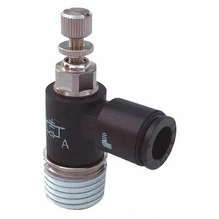 Nickel-plated polymer elbow flow control, R3/8 BSPT, 6 mm tube