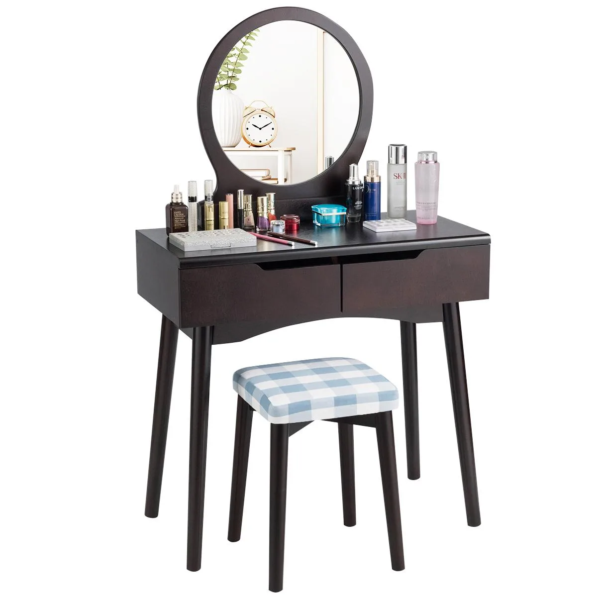 Costway Costway Vanity Desk Set with Round Mirror, 2 Drawers, Stool, Brown — product photo