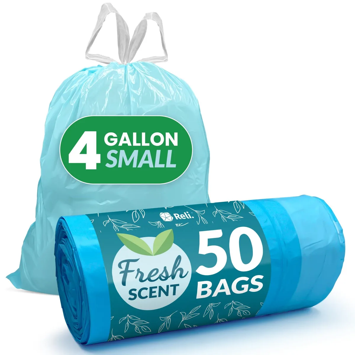 A roll of 50 light blue 4 gallon drawstring trash bags